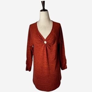 Soft Surroundings Shirt Women Medium Burnt Orange Knit Ring Detail Ruched Sleeve